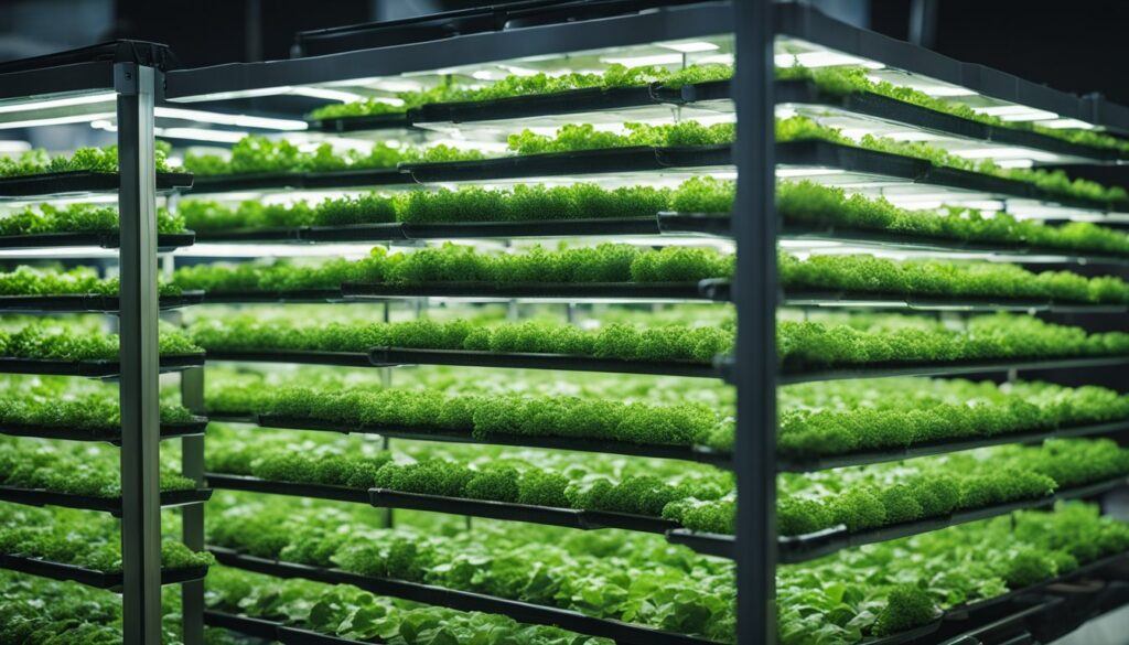 panels of plants grown vertically using hydroponics towers