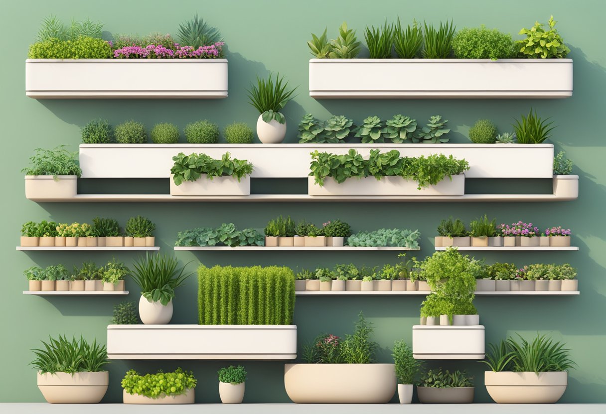 A series of stacked planter boxes, filled with various plants, hang vertically against a plain wall